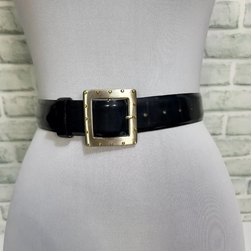 Vintage 80s 90s Linea Pelle Smooth Dark Blue Leather‎ Belt Studded Buckle